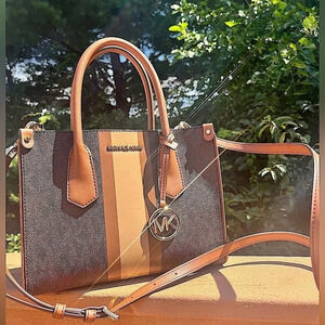 Michael Kors Signature Stripe Tote Brown Luggage Crossbody Satchel NWT